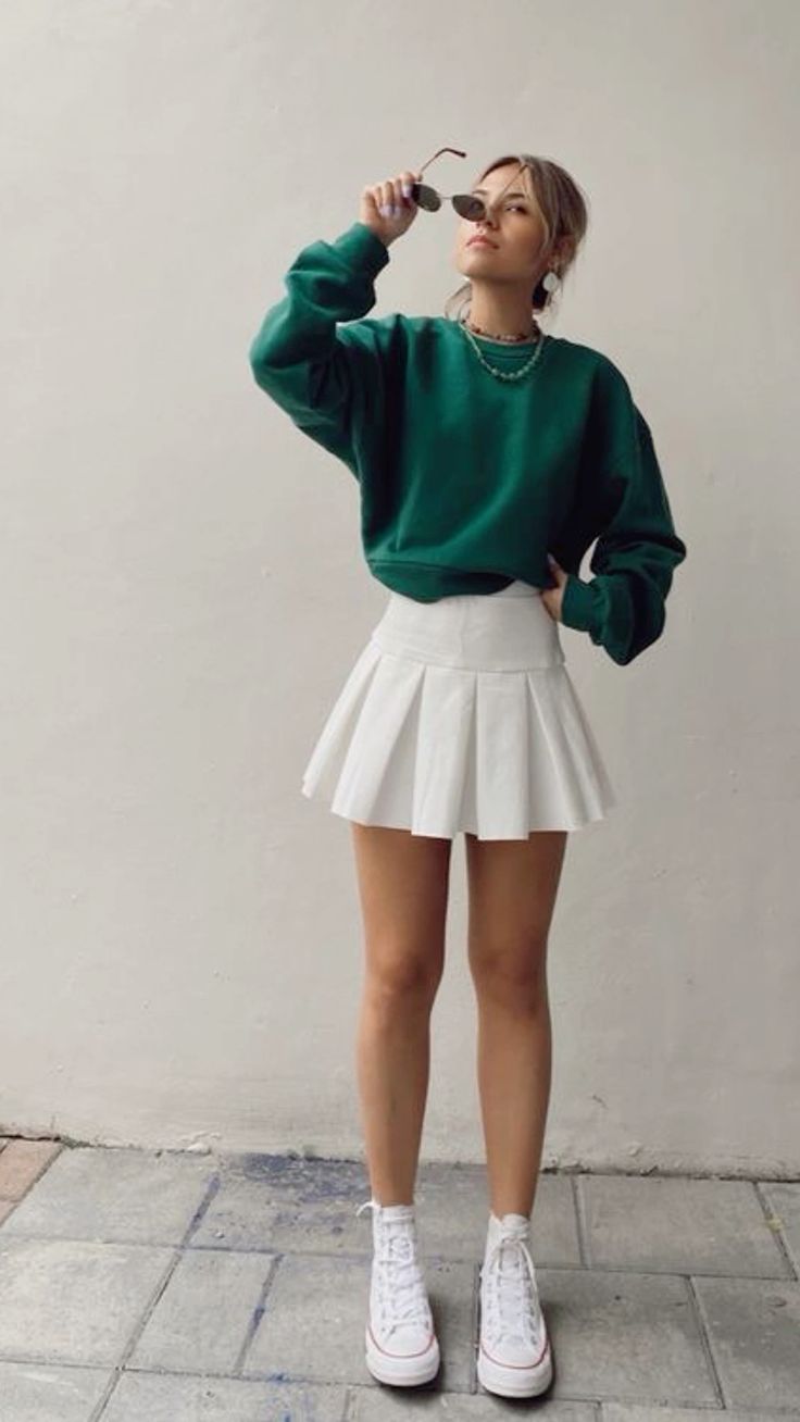 Green Sweater and White Pleated Skirt - Preppy Style